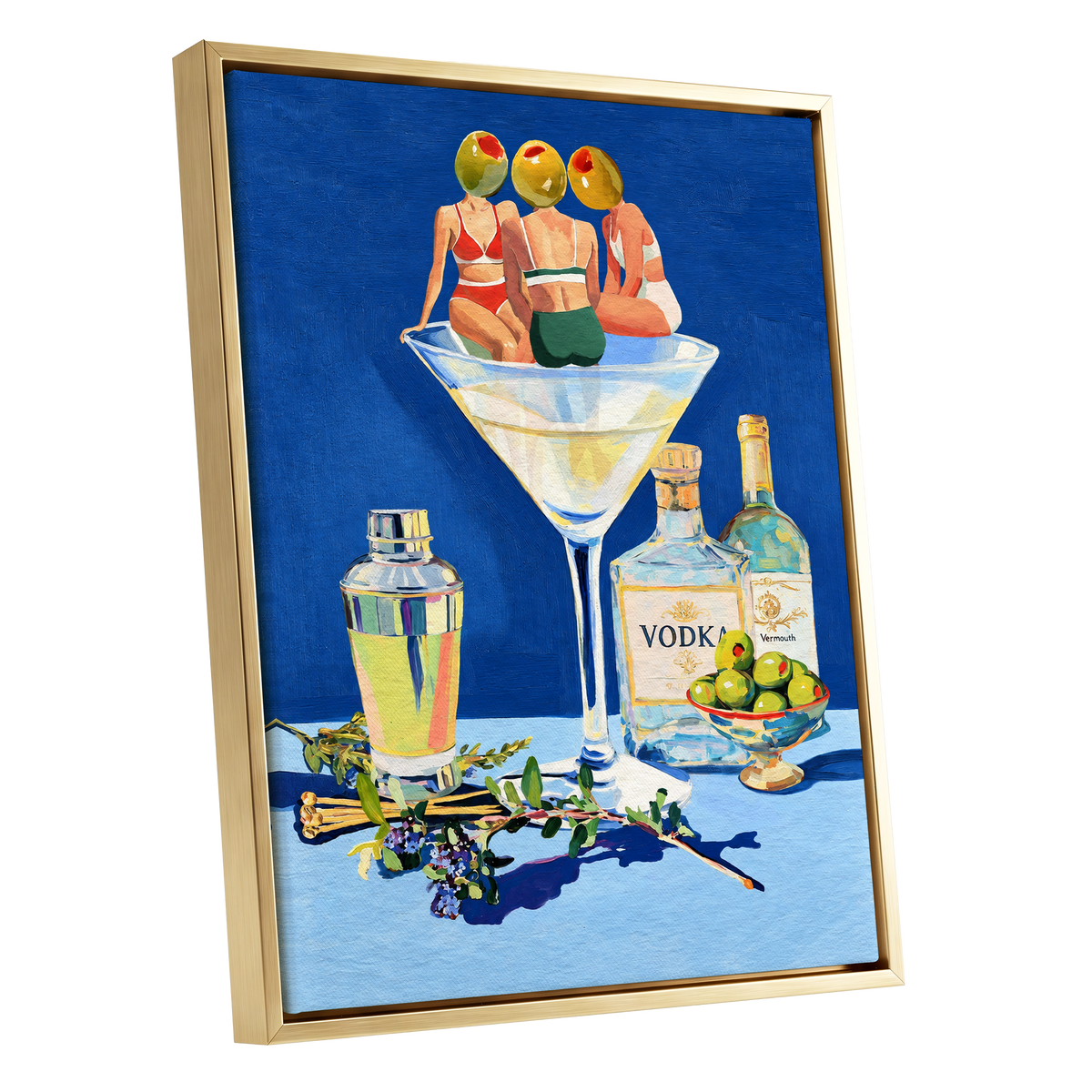 Olive Martini Club, blue, green, yellow abstract wall art shown as a gold framed canvas wall art
