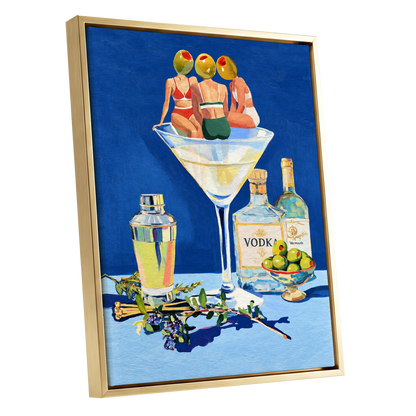 Olive Martini Club, blue, green, yellow abstract wall art shown as a gold framed canvas wall art