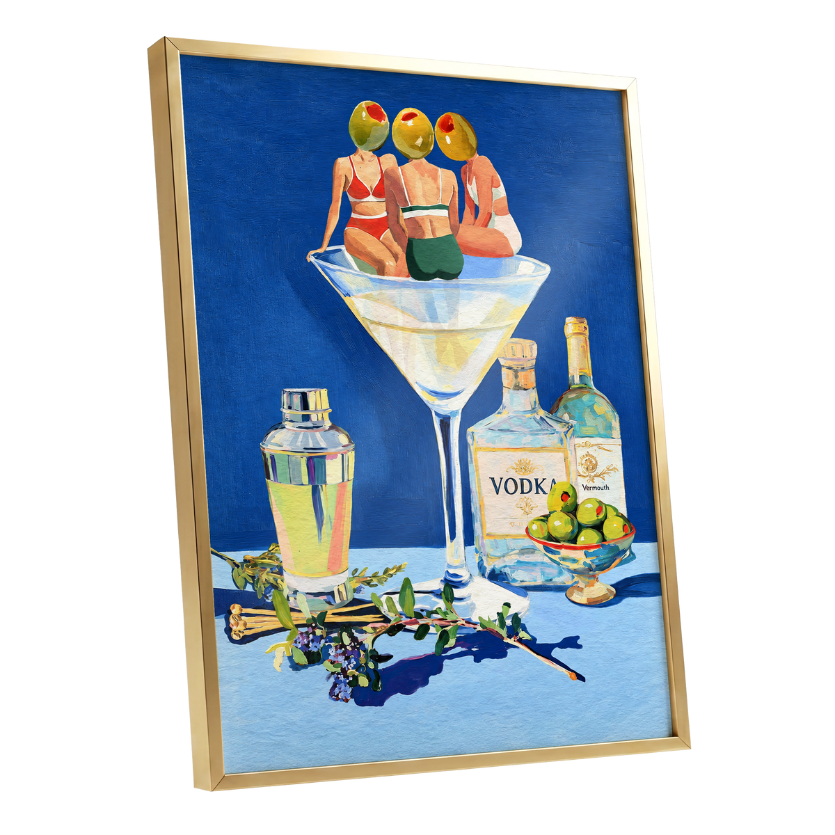 Olive Martini Club, blue, green, yellow abstract wall art shown as a gold framed poster wall art print