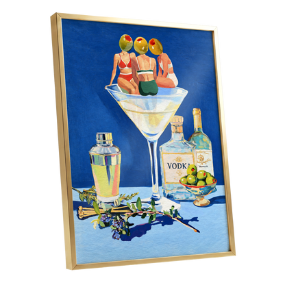 Olive Martini Club, blue, green, yellow abstract wall art shown as a gold framed poster wall art print
