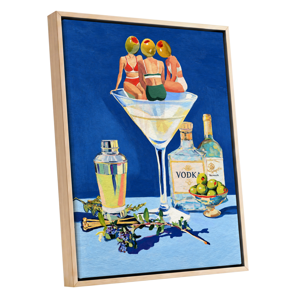 Olive Martini Club, blue, green, yellow abstract wall art shown as a oak framed canvas wall art