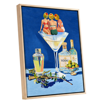 Olive Martini Club, blue, green, yellow abstract wall art shown as a oak framed canvas wall art