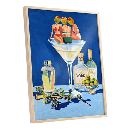 Olive Martini Club, blue, green, yellow abstract wall art shown as a oak framed poster wall art print