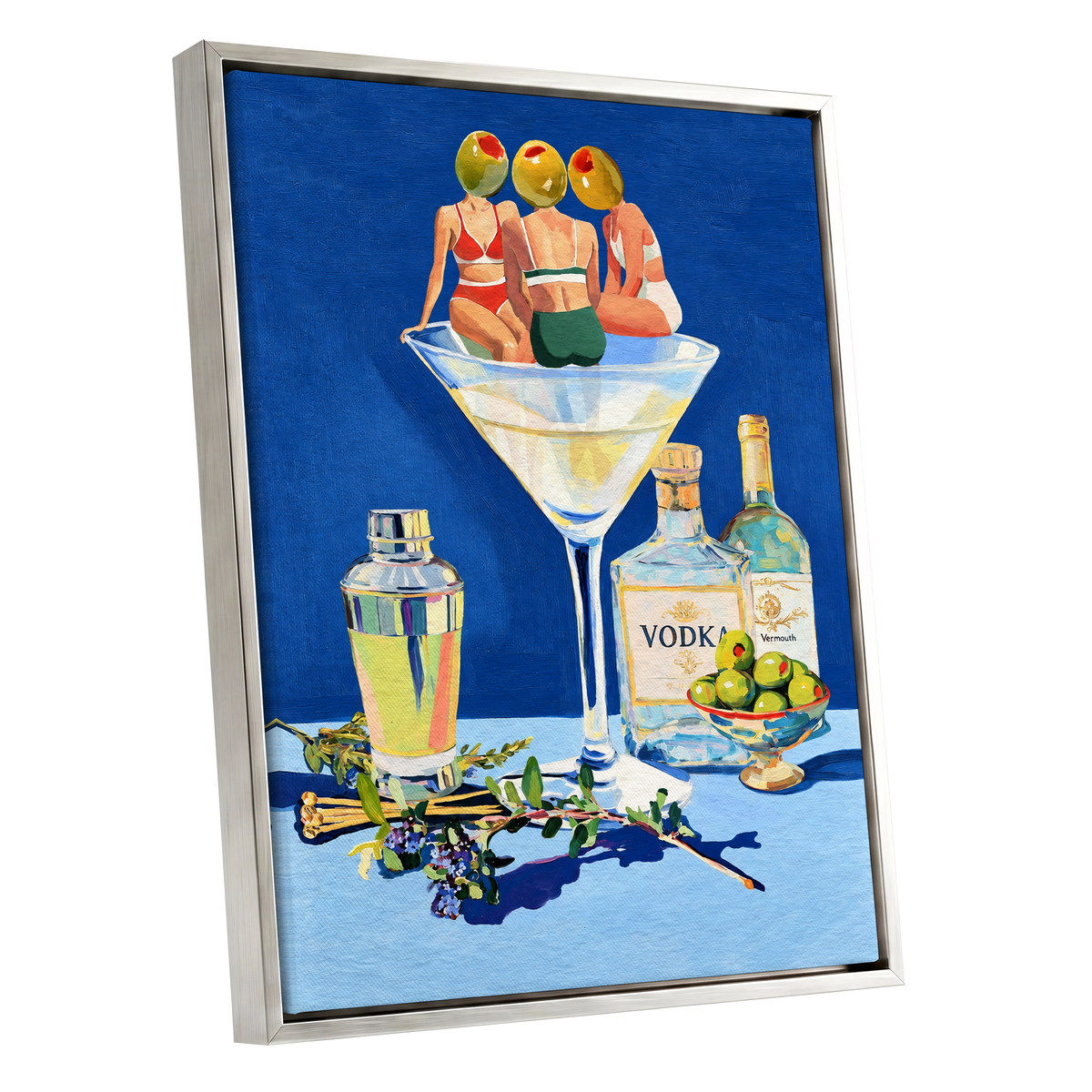 Olive Martini Club, blue, green, yellow abstract wall art shown as a silver framed canvas wall art