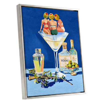Olive Martini Club, blue, green, yellow abstract wall art shown as a silver framed canvas wall art