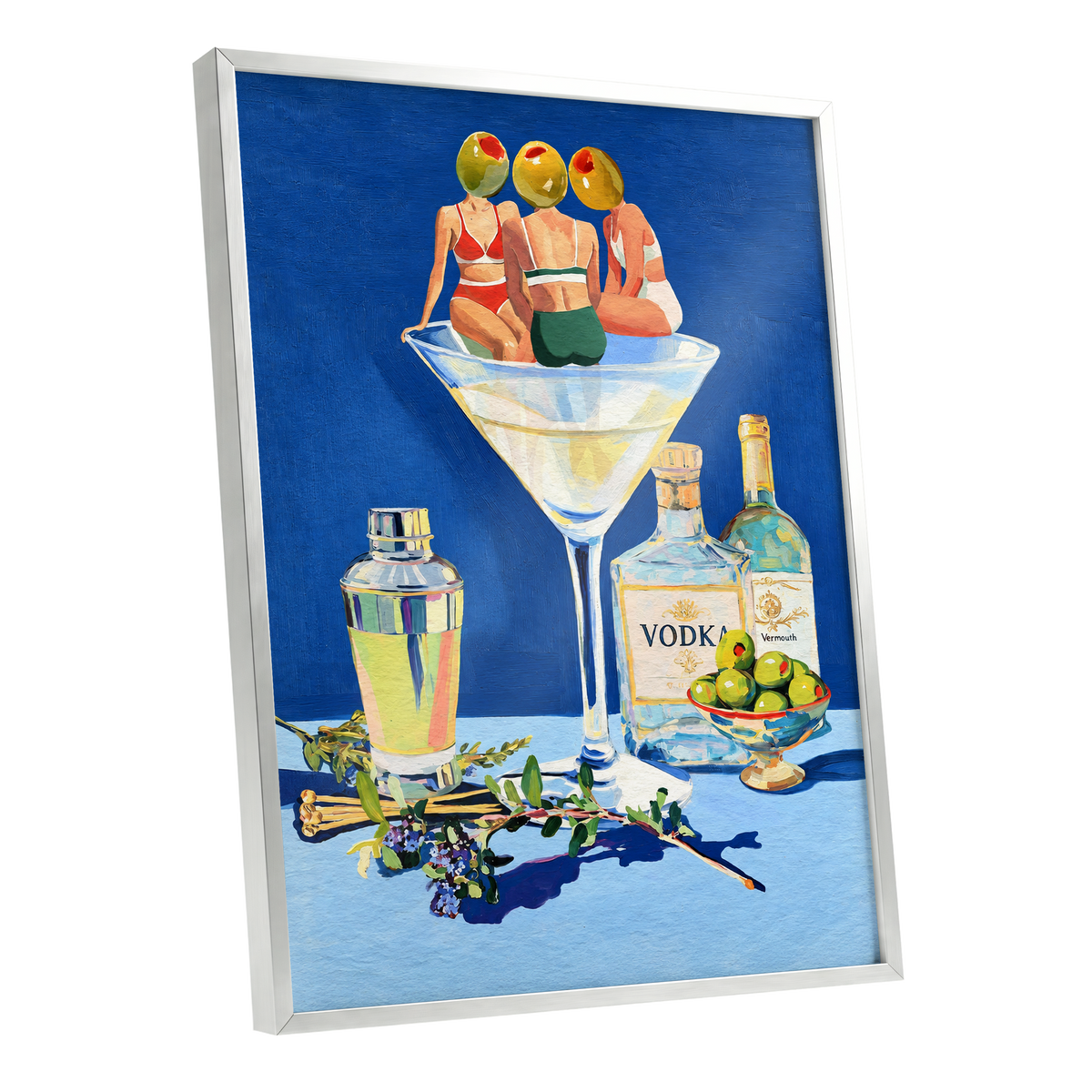 Olive Martini Club, blue, green, yellow abstract wall art shown as a silver framed poster wall art print