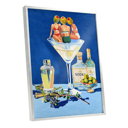 Olive Martini Club, blue, green, yellow abstract wall art shown as a silver framed poster wall art print