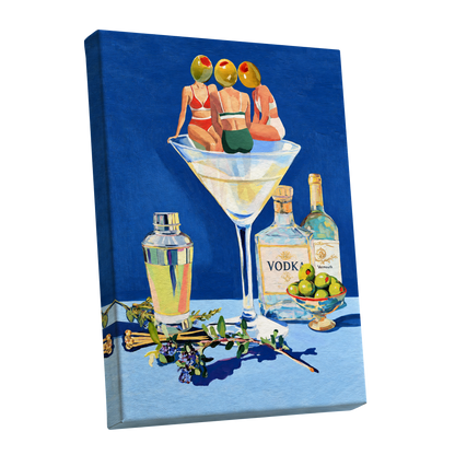 Olive Martini Club, blue, green, yellow abstract wall art shown as a stretched canvas wall art