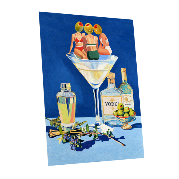 Olive Martini Club, blue, green, yellow abstract wall art shown as a unframed poster wall art print