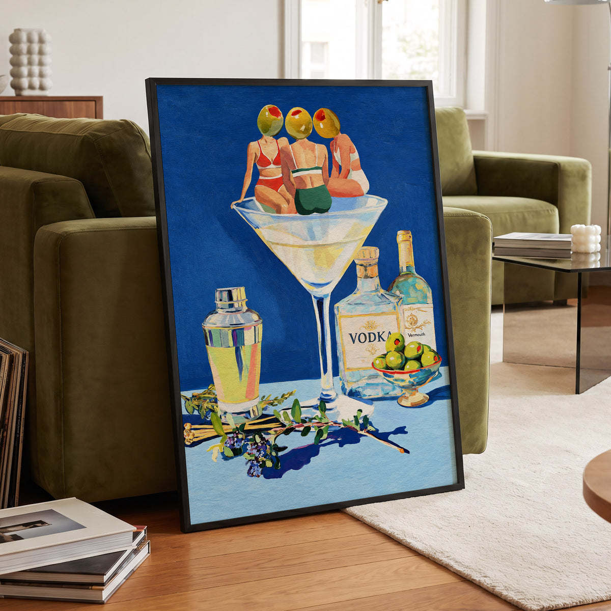 Olive Martini Club, blue, green, yellow abstract wall art displayed in a styled interior, gallery view 2