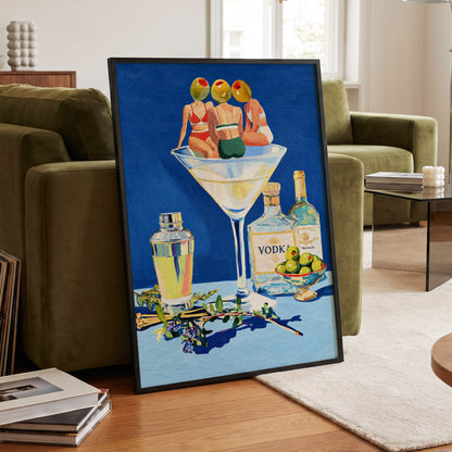 Olive Martini Club, blue, green, yellow abstract wall art displayed in a styled interior, gallery view 2