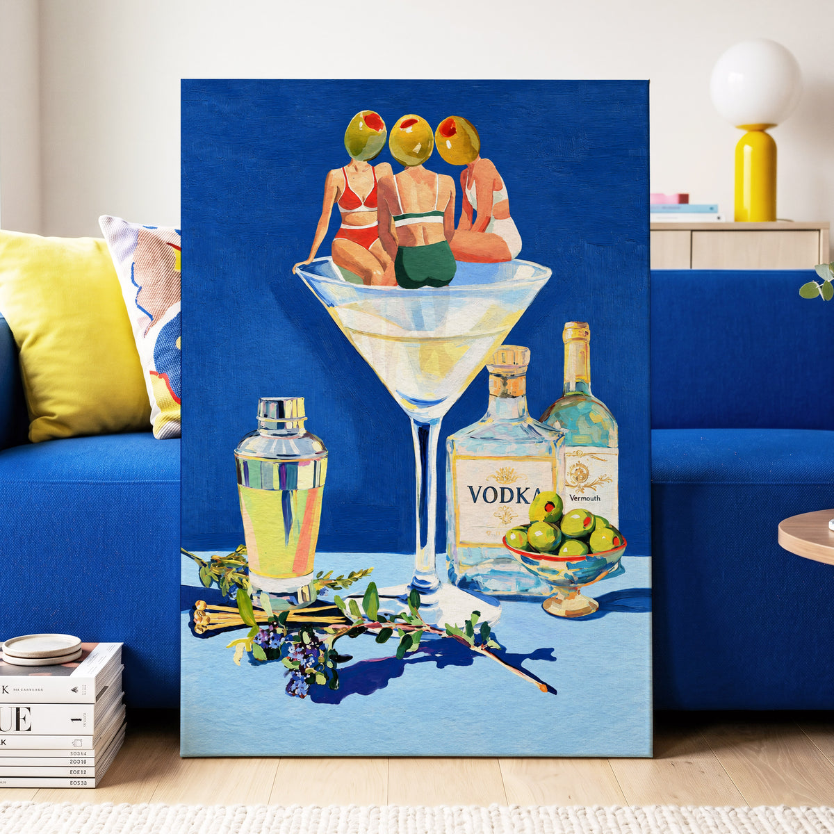 Olive Martini Club, blue, green, yellow abstract wall art displayed in a styled interior, gallery view 3