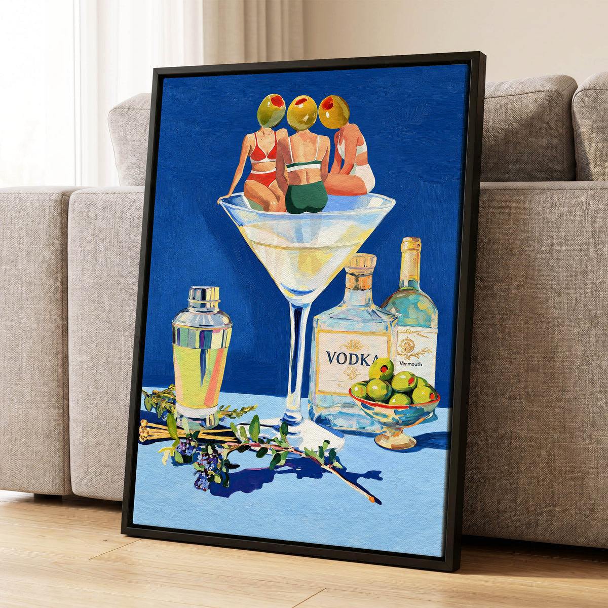 Olive Martini Club, blue, green, yellow abstract wall art displayed in a styled interior, gallery view 4