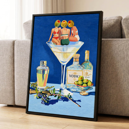Olive Martini Club, blue, green, yellow abstract wall art displayed in a styled interior, gallery view 4