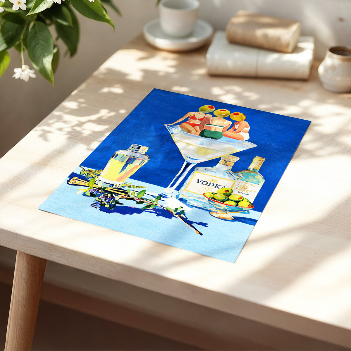 Olive Martini Club, blue, green, yellow abstract wall art displayed in a styled interior, gallery view 5