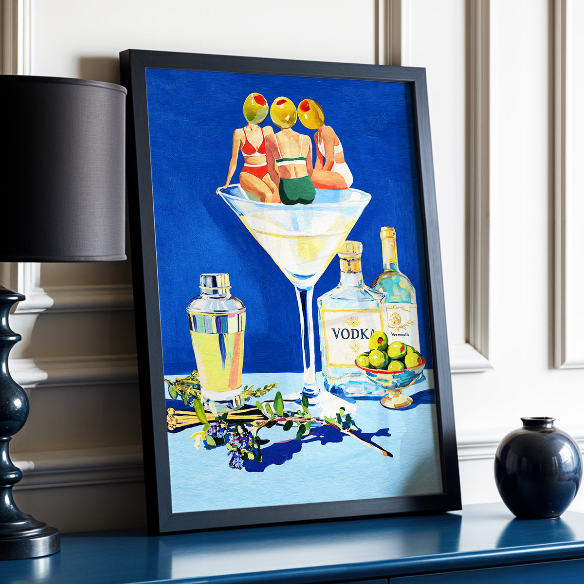 Olive Martini Club, blue, green, yellow abstract wall art displayed in a styled interior, gallery view 6