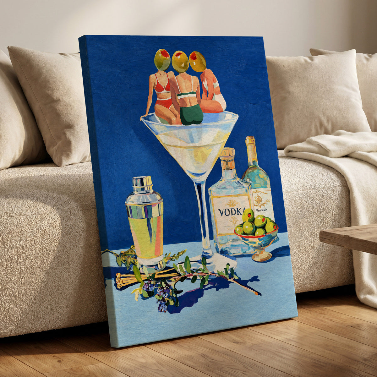 Olive Martini Club, blue, green, yellow abstract wall art displayed in a styled interior, gallery view 7