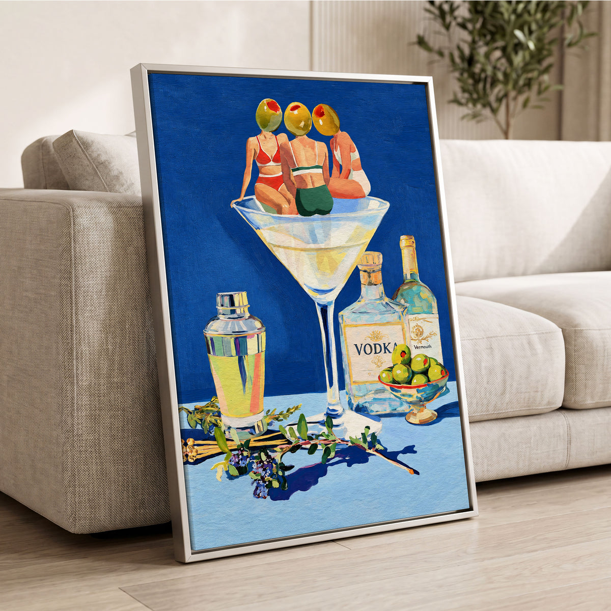 Olive Martini Club, blue, green, yellow abstract wall art displayed in a styled interior, gallery view 8