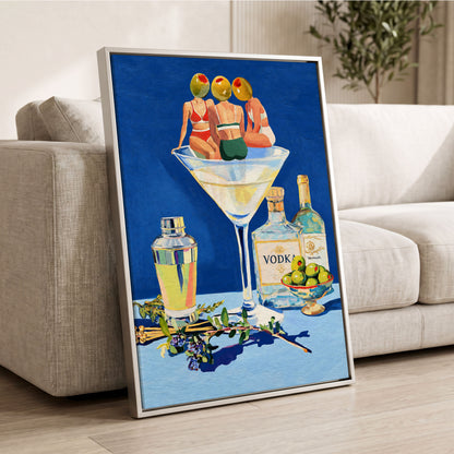 Olive Martini Club, blue, green, yellow abstract wall art displayed in a styled interior, gallery view 8