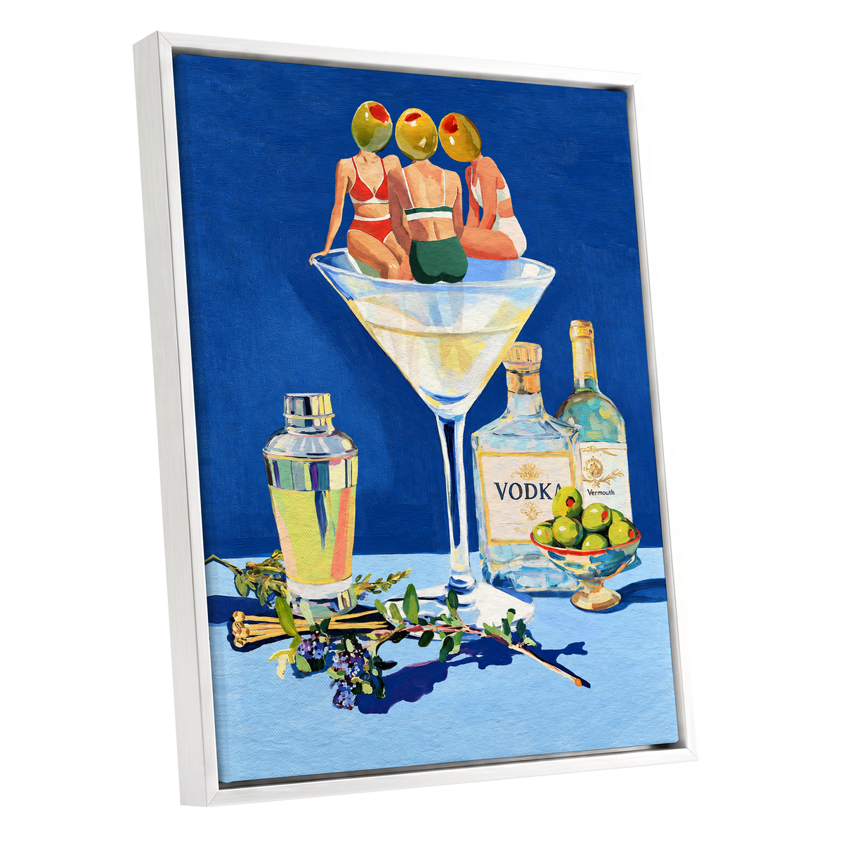 Olive Martini Club, blue, green, yellow abstract wall art shown as a white framed canvas wall art