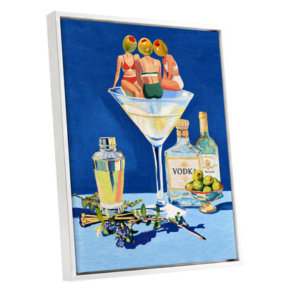 Olive Martini Club, blue, green, yellow abstract wall art shown as a white framed canvas wall art