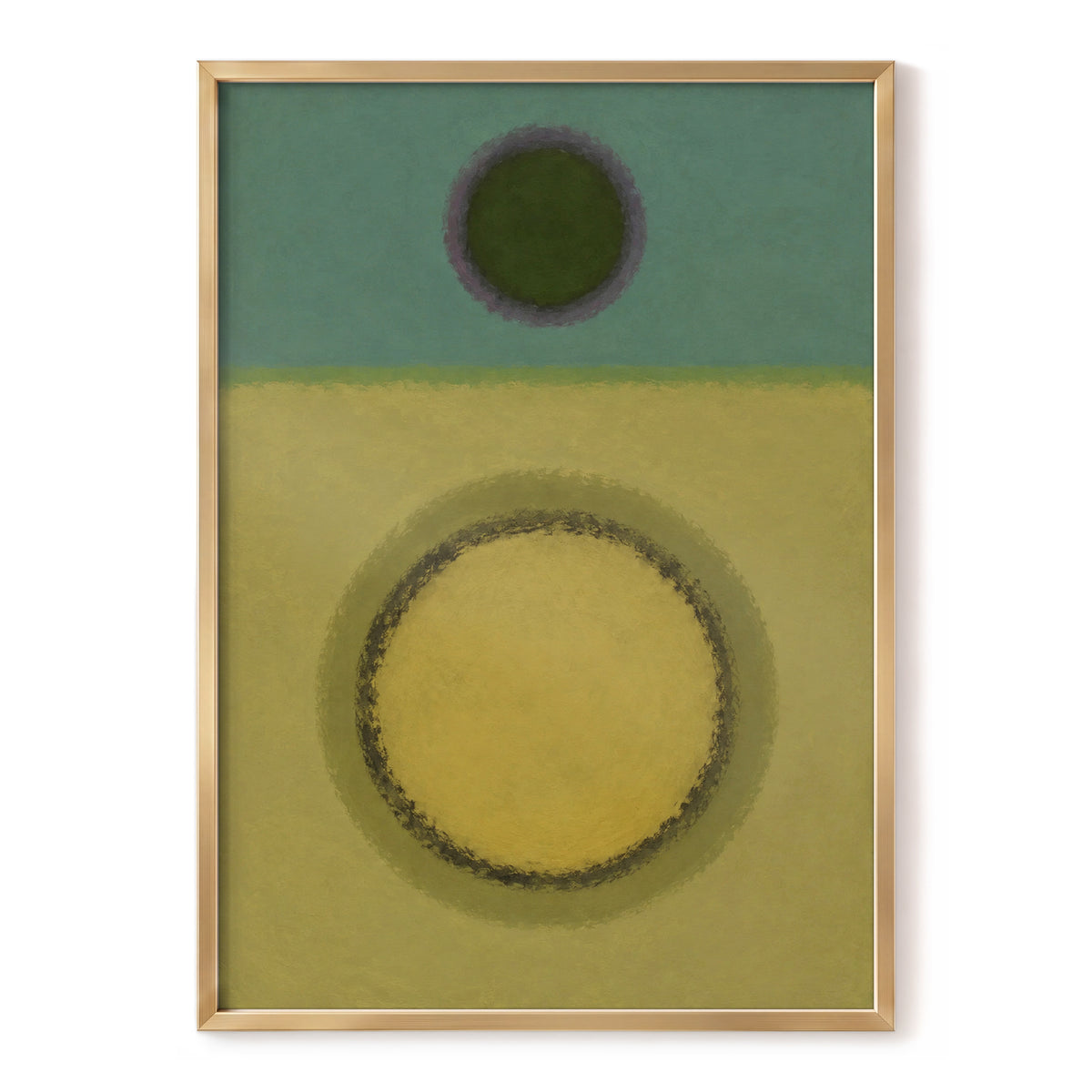 Olive Orbit, green, yellow, purple abstract wall art, front artwork view