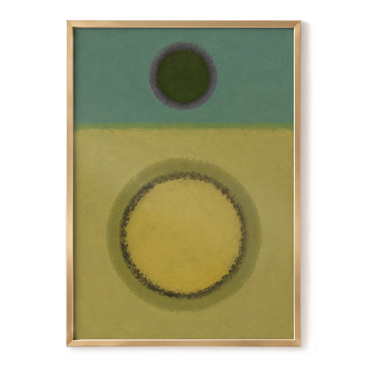 Olive Orbit, green, yellow, purple abstract wall art, front artwork view