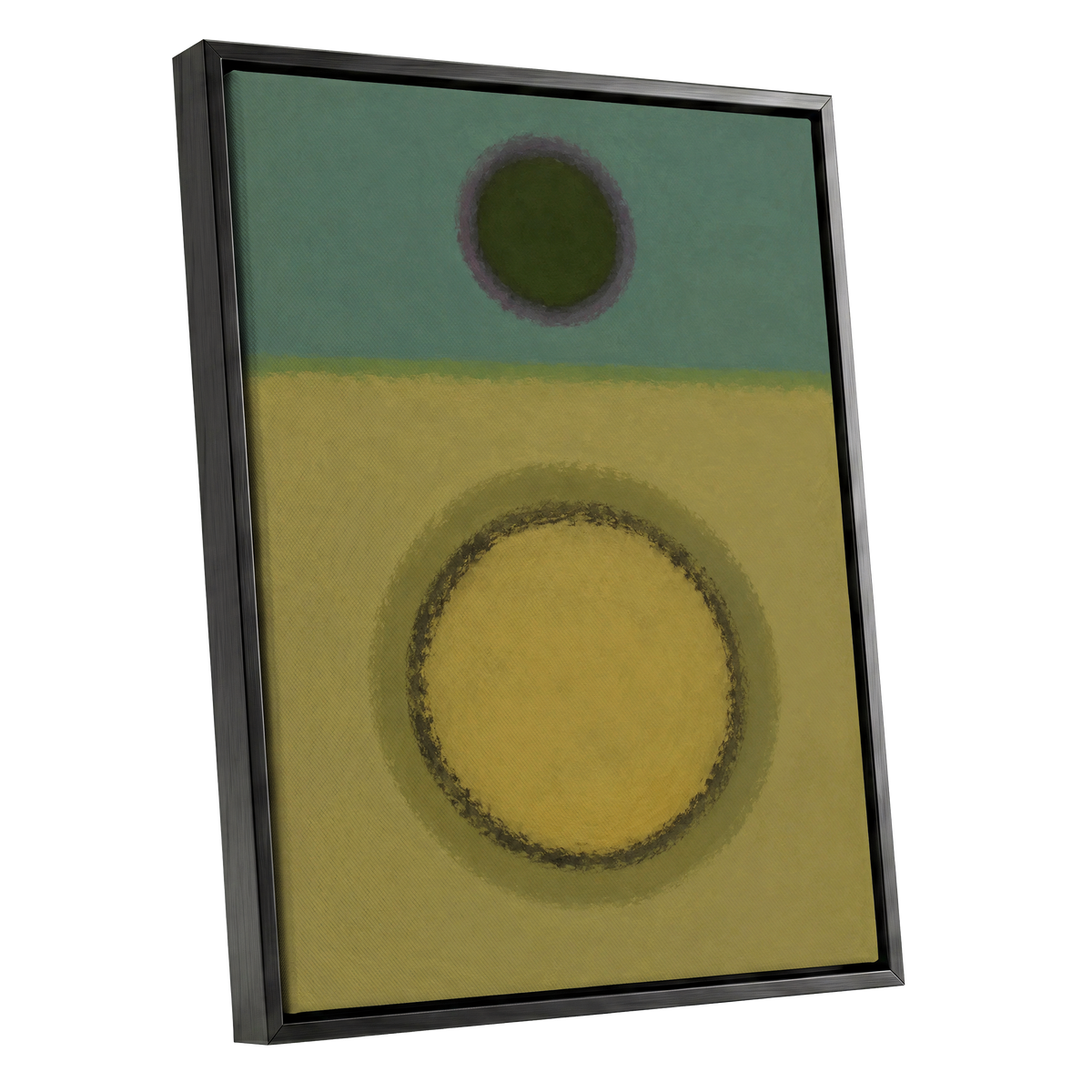 Olive Orbit, green, yellow, purple abstract wall art shown as a black framed canvas wall art