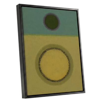 Olive Orbit, green, yellow, purple abstract wall art shown as a black framed canvas wall art