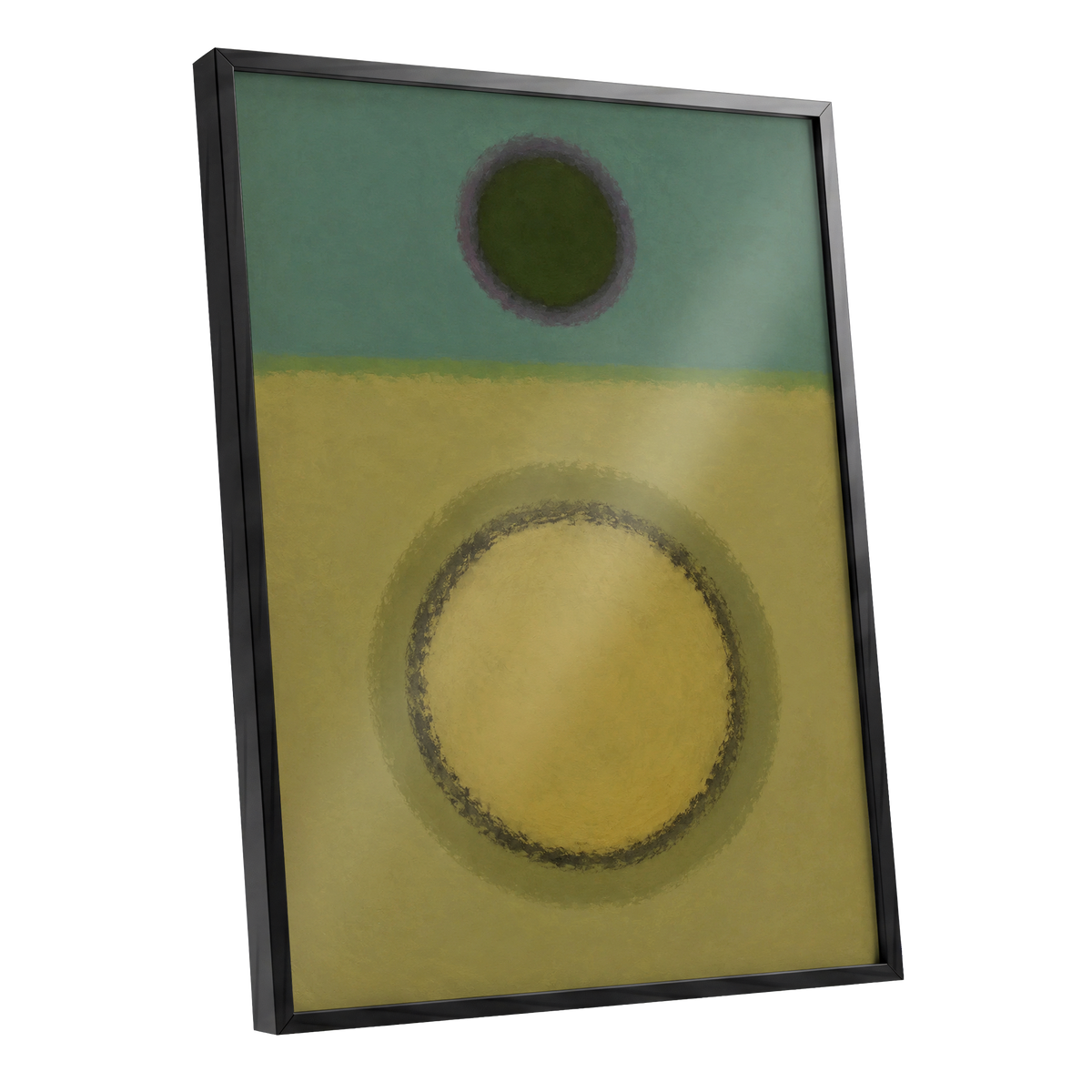 Olive Orbit, green, yellow, purple abstract wall art shown as a black framed poster wall art print