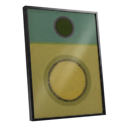 Olive Orbit, green, yellow, purple abstract wall art shown as a black framed poster wall art print
