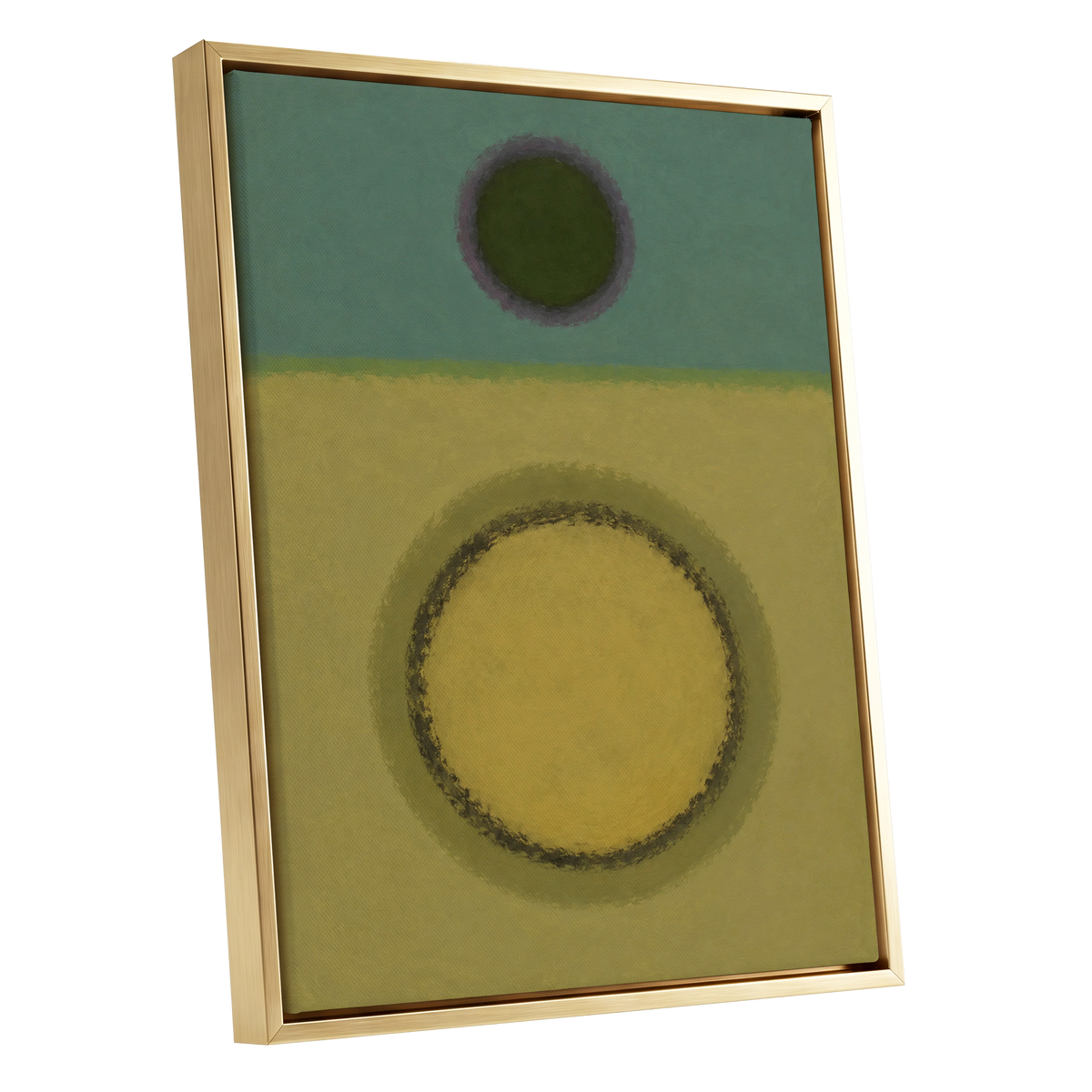 Olive Orbit, green, yellow, purple abstract wall art shown as a gold framed canvas wall art