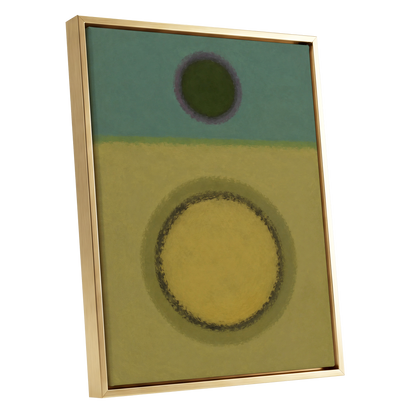 Olive Orbit, green, yellow, purple abstract wall art shown as a gold framed canvas wall art