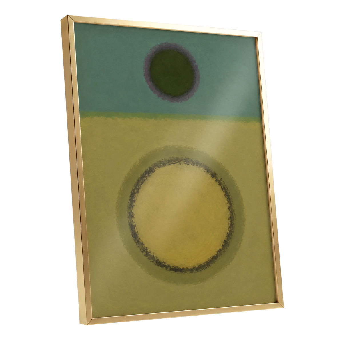 Olive Orbit, green, yellow, purple abstract wall art shown as a gold framed poster wall art print