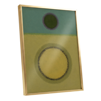 Olive Orbit, green, yellow, purple abstract wall art shown as a gold framed poster wall art print