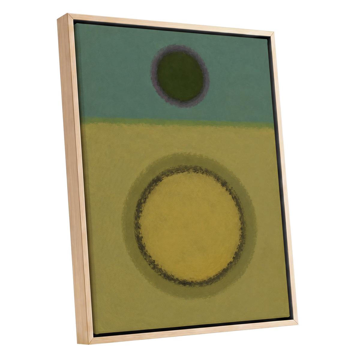 Olive Orbit, green, yellow, purple abstract wall art shown as a oak framed canvas wall art
