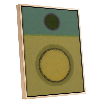 Olive Orbit, green, yellow, purple abstract wall art shown as a oak framed canvas wall art