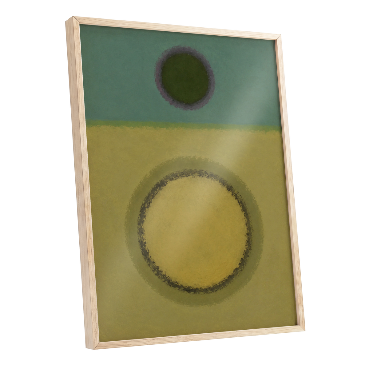 Olive Orbit, green, yellow, purple abstract wall art shown as a oak framed poster wall art print