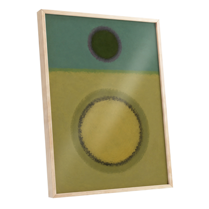 Olive Orbit, green, yellow, purple abstract wall art shown as a oak framed poster wall art print