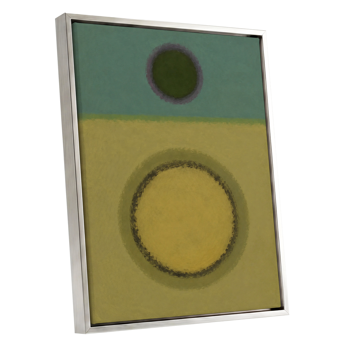 Olive Orbit, green, yellow, purple abstract wall art shown as a silver framed canvas wall art