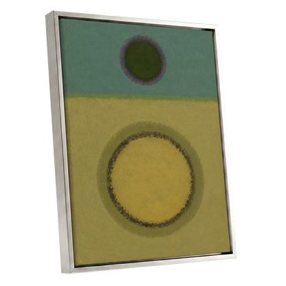 Olive Orbit, green, yellow, purple abstract wall art shown as a silver framed canvas wall art