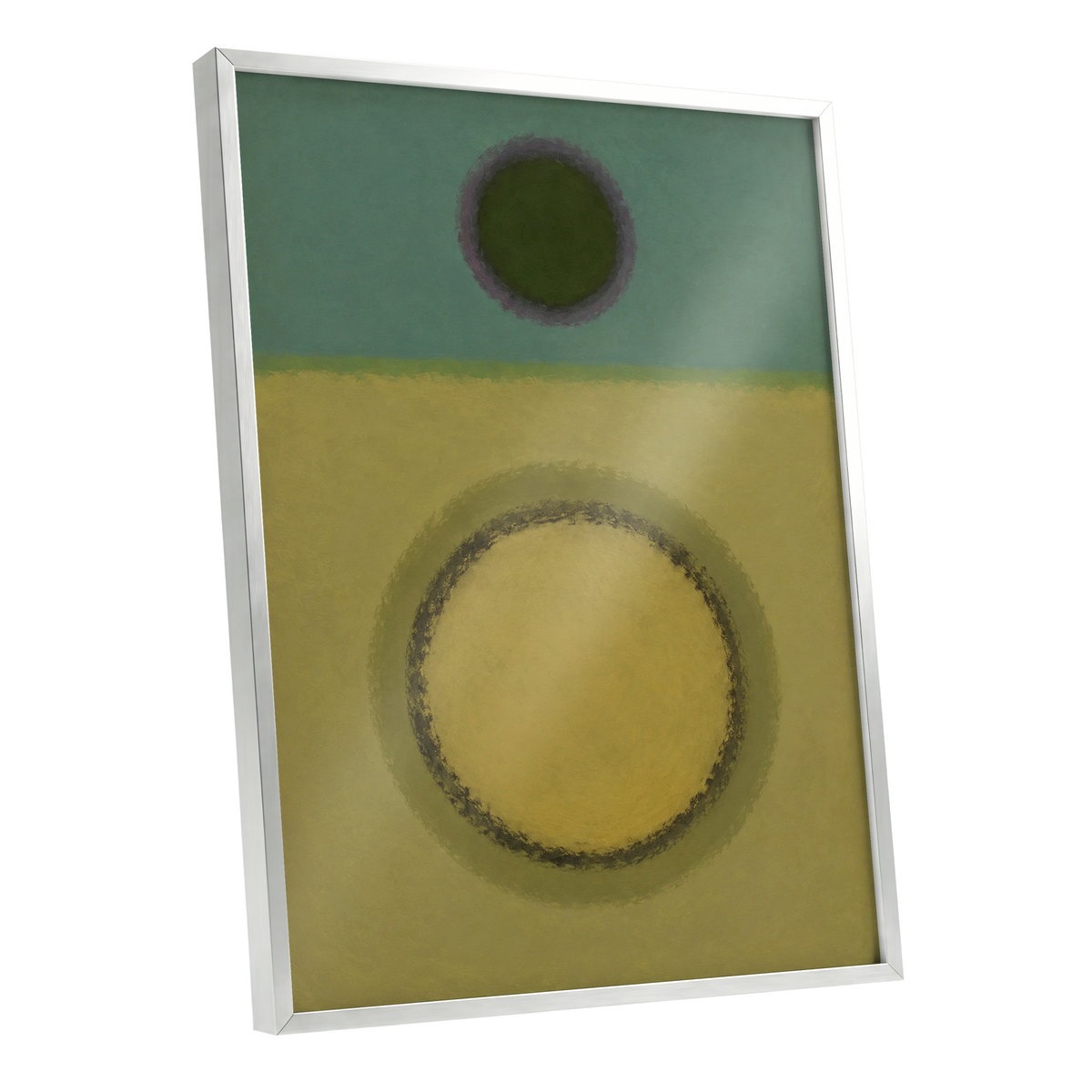Olive Orbit, green, yellow, purple abstract wall art shown as a silver framed poster wall art print