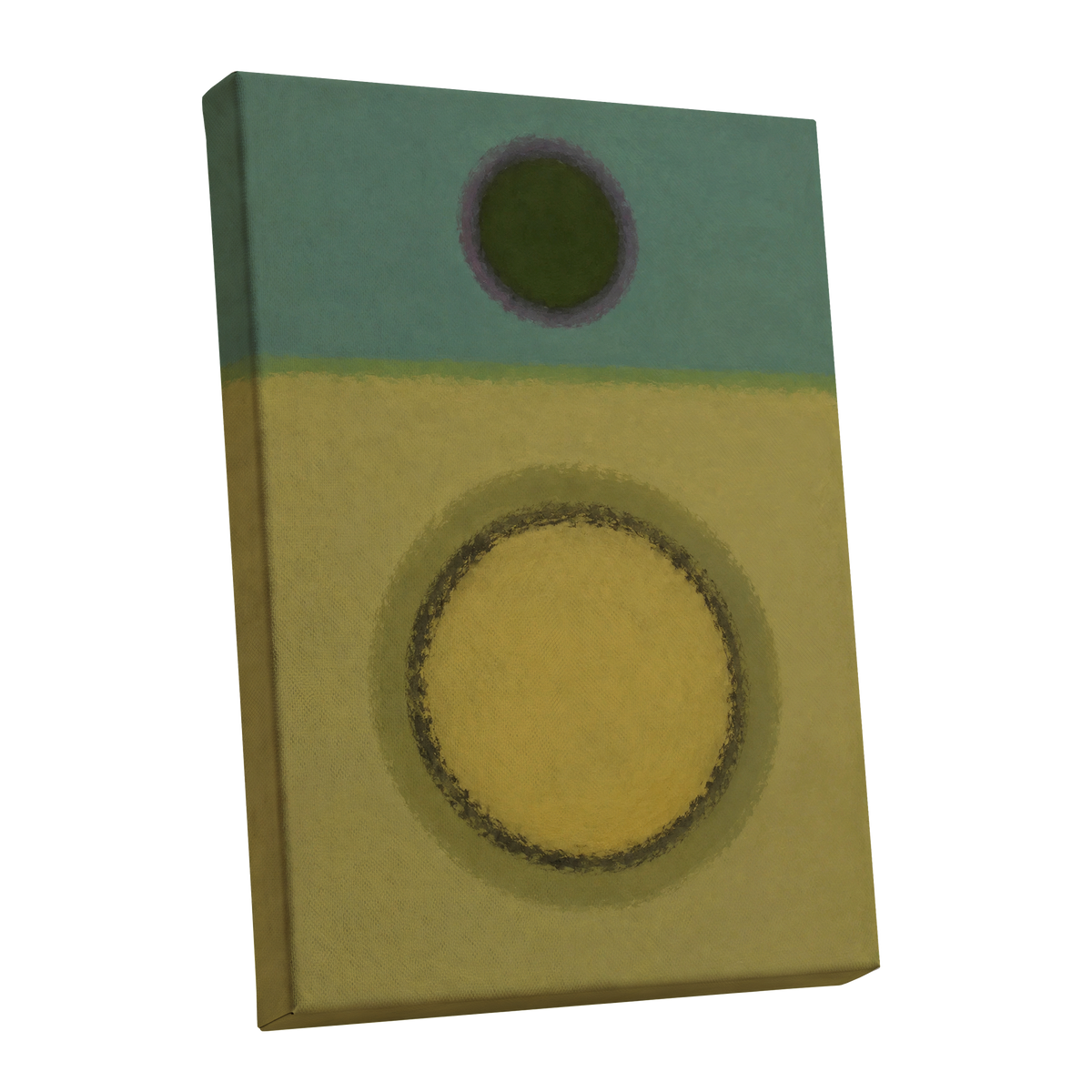 Olive Orbit, green, yellow, purple abstract wall art shown as a stretched canvas wall art