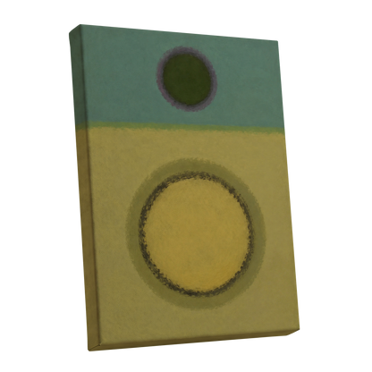 Olive Orbit, green, yellow, purple abstract wall art shown as a stretched canvas wall art