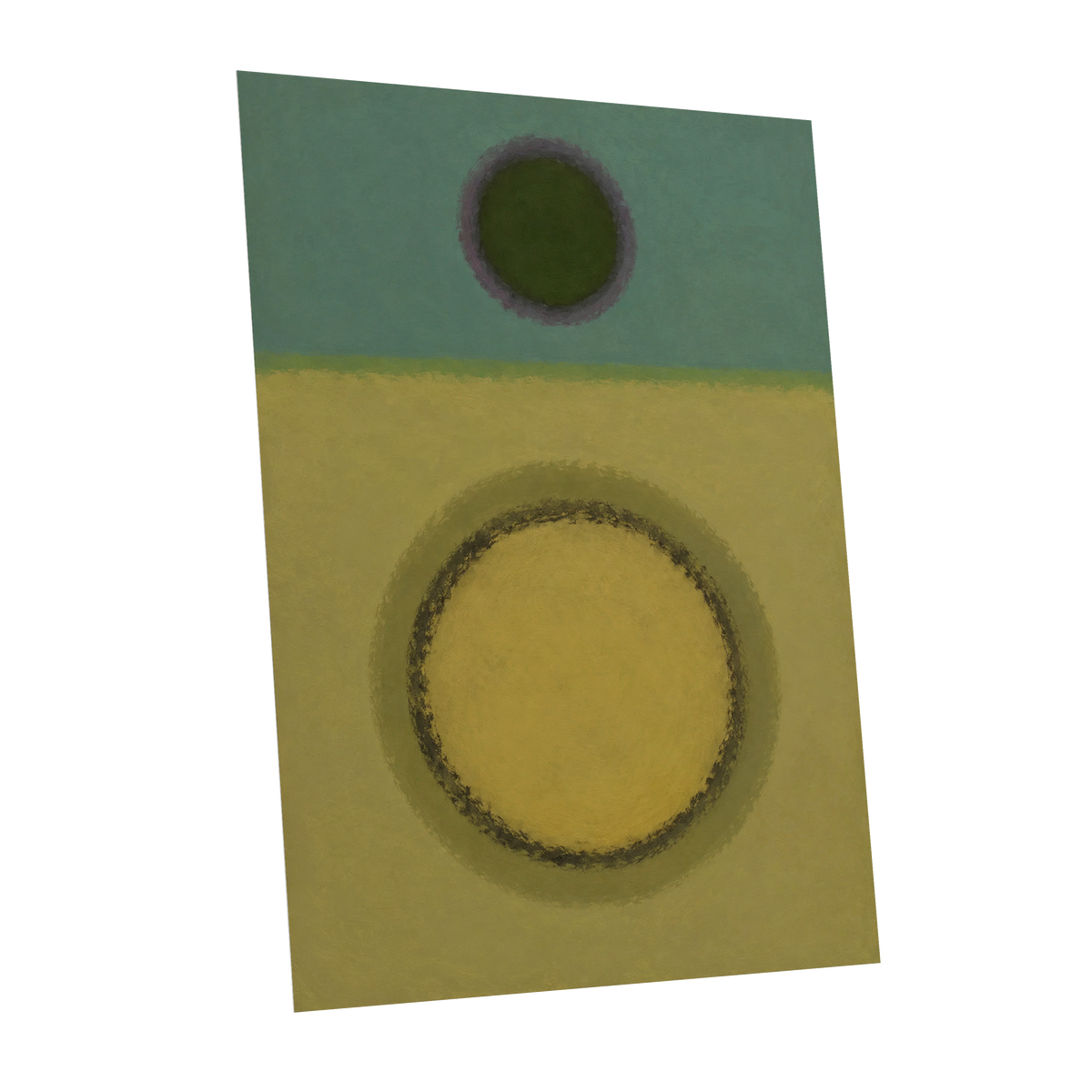 Olive Orbit, green, yellow, purple abstract wall art shown as a unframed poster wall art print