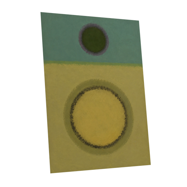 Olive Orbit, green, yellow, purple abstract wall art shown as a unframed poster wall art print