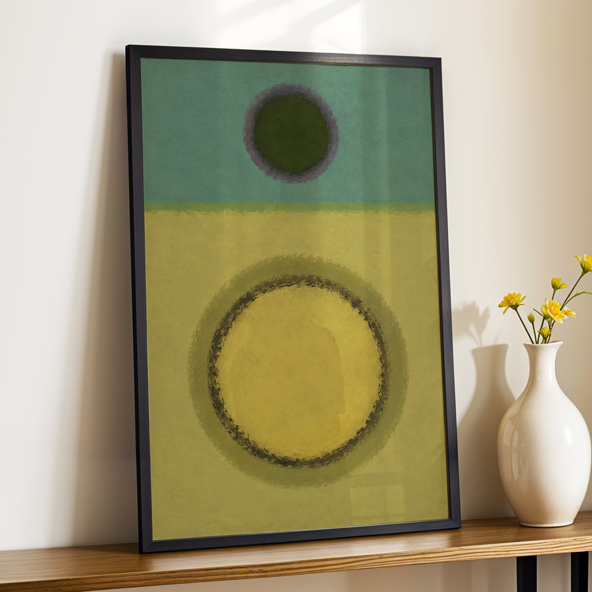 Olive Orbit, green, yellow, purple abstract wall art displayed in a styled interior, gallery view 2