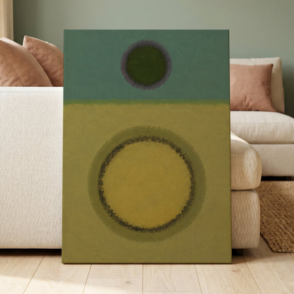 Olive Orbit, green, yellow, purple abstract wall art displayed in a styled interior, gallery view 3