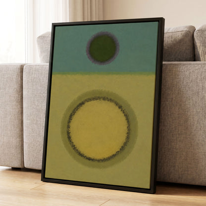 Olive Orbit, green, yellow, purple abstract wall art displayed in a styled interior, gallery view 4