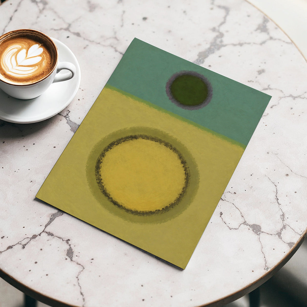 Olive Orbit, green, yellow, purple abstract wall art displayed in a styled interior, gallery view 5